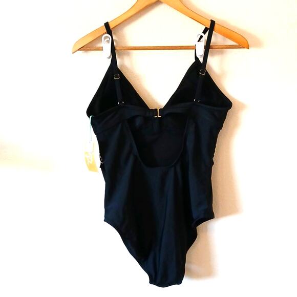 Kona Sol High Coverage One Piece Swimsuit Black With Embroidery - Picture 2 of 6